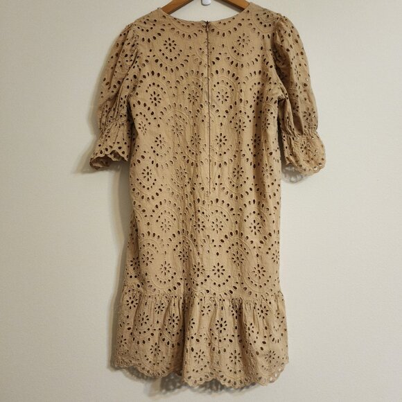 By Flow Mini Dress Eyelet Embroidered Lace Beige V Neck Zip Ruffle Feminine Edgy - Picture 7 of 15